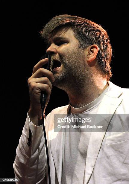 Musician James Murphy of LCD Soundsystem performs during Day 1 of the Coachella Valley Music & Art Festival 2010 held at the Empire Polo Club on...