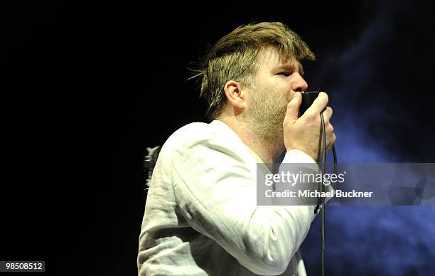 Musician James Murphy of LCD Soundsystem performs during Day 1 of the Coachella Valley Music & Art Festival 2010 held at the Empire Polo Club on...