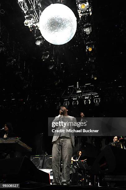 Musician James Murphy of LCD Soundsystem performs during Day 1 of the Coachella Valley Music & Art Festival 2010 held at the Empire Polo Club on...