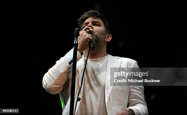 Musician James Murphy of LCD Soundsystem performs during Day 1 of the Coachella Valley Music & Art Festival 2010 held at the Empire Polo Club on...