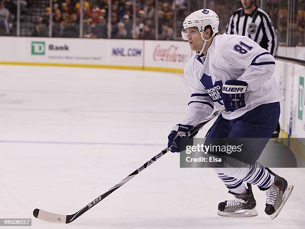 Phil Kessel of the Toronto Maple Leafs takes the puck against the Boston Bruins on March 4, 2010 at the TD Garden in Boston, Massachusetts. The...