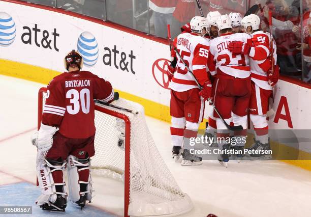 Niklas Kronwall, Todd Bertuzzi, Brad Stuart, Henrik Zetterberg and Valtteri Filppula of the Detroit Red Wings celebrate after Henrik Zetterberg...