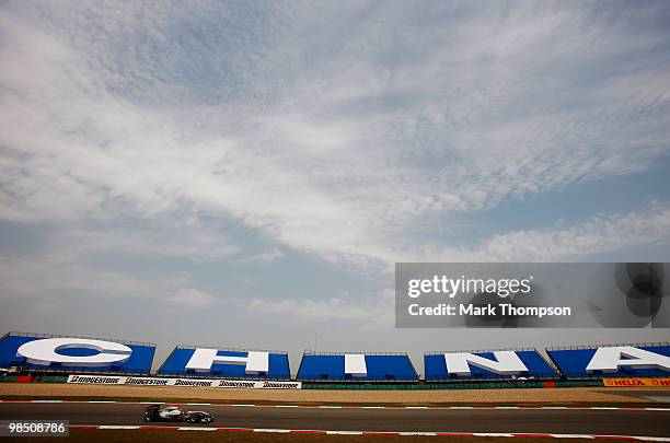 Michael Schumacher of Germany and Mercedes GP drives during the final practice session prior to qualifying for the Chinese Formula One Grand Prix at...