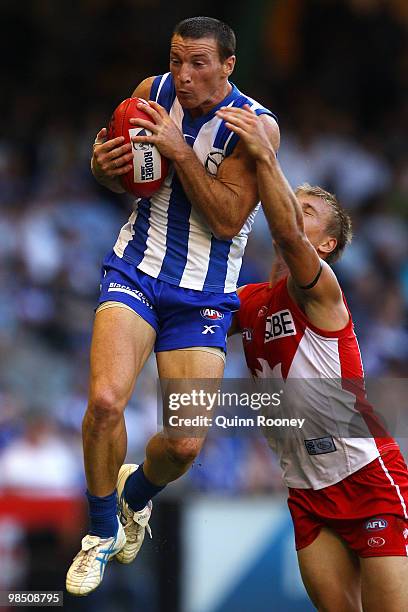 Brent Harvey of the Kangaroos marks during the round four AFL match between the North Melbourne Kangaroos and the Sydney Swans at Etihad Stadium on...