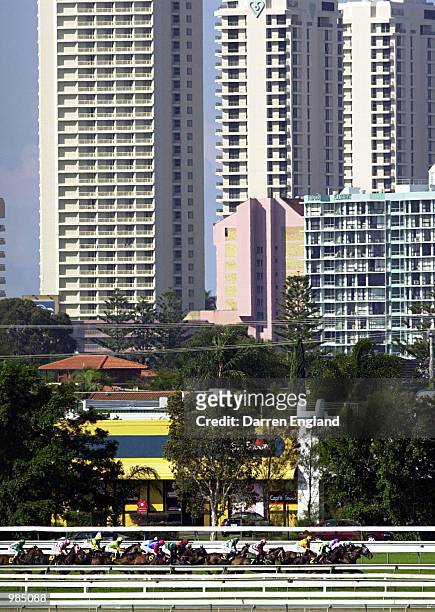 General view of the Carbine Club Flying handicap with the Gold Coast skyline in the background at the Gold Coast Turf Club on the Gold Coast,...