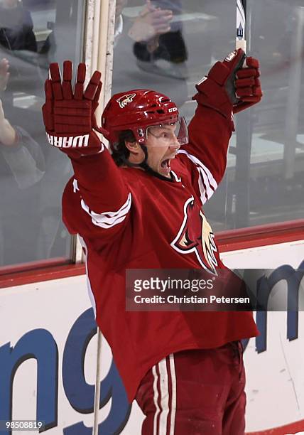 Shane Doan of the Phoenix Coyotes celebrates after scoring a third period goal against the Detroit Red Wings in Game Two of the Western Conference...