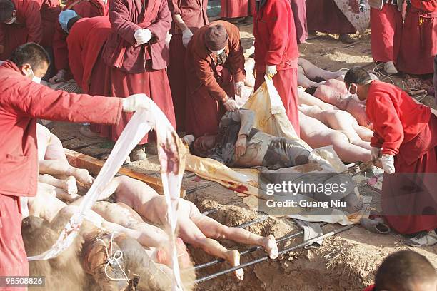 Tibetan monks prepare a mass cremation for the victims of a strong earthquake, on April 17 in Jiegu, near Golmud, China. Current reports state 1144...