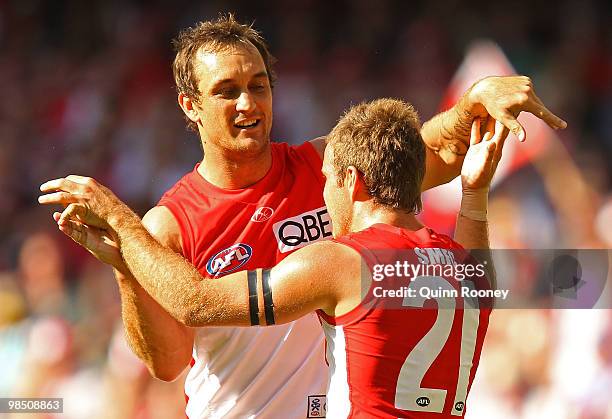 Daniel Bradshaw and Ben McGlynn of the Swans celebrate a goal during the round four AFL match between the North Melbourne Kangaroos and the Sydney...