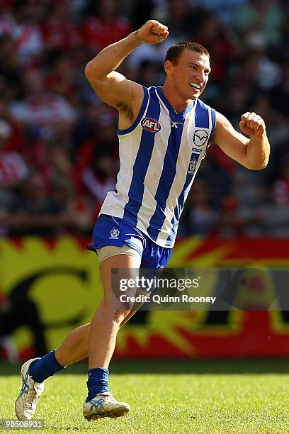 Brent Harvey of the Kangaroos celebrates kicking a goal during the round four AFL match between the North Melbourne Kangaroos and the Sydney Swans at...
