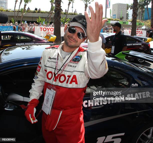 Actor Christian Slater attends the 2010 Toyota Pro Celebrity Qualifying Race at the Grand Prix of Long Beach on April 16, 2010 in Long Beach,...