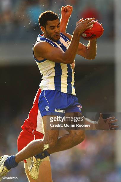 Daniel Wells of the Kangaroos marks during the round four AFL match between the North Melbourne Kangaroos and the Sydney Swans at Etihad Stadium on...