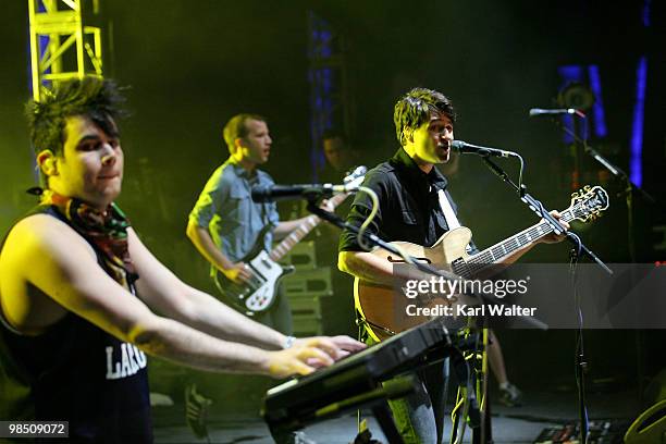 Musicians Rostam Batmanglij, Chris Baio and Ezra Koenig from the band Vampire Weekend perform during day one of the Coachella Valley Music & Arts...