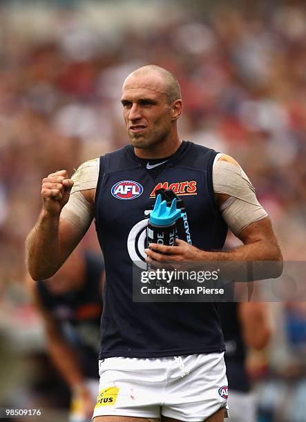 Chris Judd, captain of the Blues, celebrates a goal during the round four AFL match between the Adelaide Crows and the Carlton Blues at AAMI Stadium...
