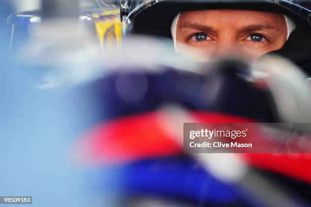 Sebastian Vettel of Germany and Red Bull Racing prepares to drive during the final practice session prior to qualifying for the Chinese Formula One...