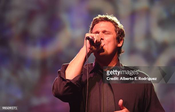 Personality Bob Guiney performs onstage with Band From TV during the Children Mending Hearts 3rd Annual "Peace Please" Gala held at The Music Box at...