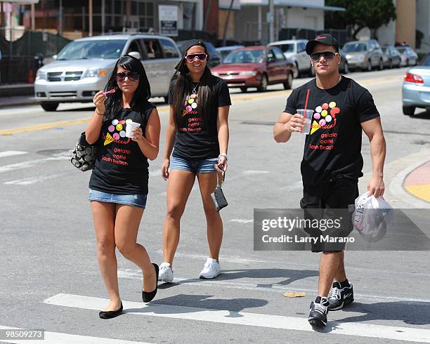 Angelina "Jolie" Pivarnick, Jenni "J Wow" Farley and Ronnie Ortiz Margo of the Jersey Shore are seen on April 16, 2010 in Miami Beach, Florida.
