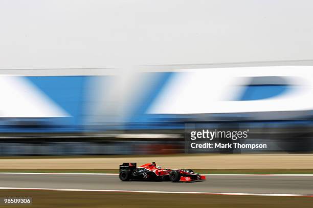 Lucas Di Grassi of Brazil and Virgin GP drives during the final practice session prior to qualifying for the Chinese Formula One Grand Prix at the...