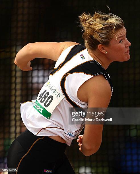 Dani Samuels of the NSWIS competes in the Womens Discus Throw Open Qualifying during day two of the Australian Athletics Championships at Western...
