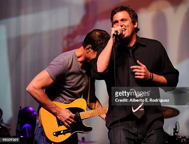 ActorJames Denton and TV personality Bob Guiney perform with Band From TV during the Children Mending Hearts 3rd Annual "Peace Please" Gala held at...