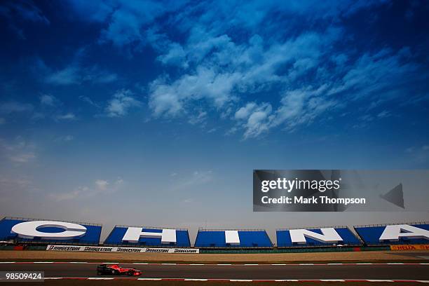 Timo Glock of Germany and Virgin GP drives during the final practice session prior to qualifying for the Chinese Formula One Grand Prix at the...