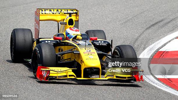 Vitaly Petrov of Russia and Renault drives during practice for the Chinese Formula One Grand Prix at the Shanghai International Circuit on April 16,...