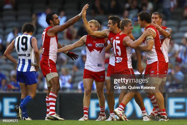 Josh Kennedy of the Swans is congratulated by team-mates after kicking a goal during the round four AFL match between the North Melbourne Kangaroos...