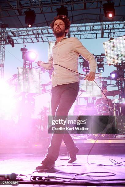 Singer Michael Angelakos of American electronic band Passion Pit performs during day one of the Coachella Valley Music & Arts Festival 2010 held at...