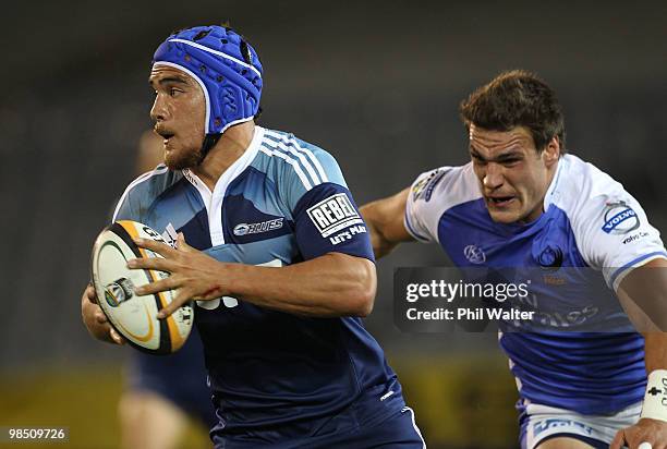 Benson Stanley of the Blues runs the ball forward during the round 10 Super 14 match between the Blues and the Western Force at Eden Park on April...