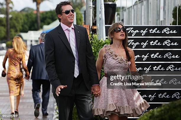 Glenn McGrath and Sarah Leonardi arrive at the Emirates marquee on Doncaster Day at Royal Randwick Racecourse on April 17, 2010 in Sydney, Australia.