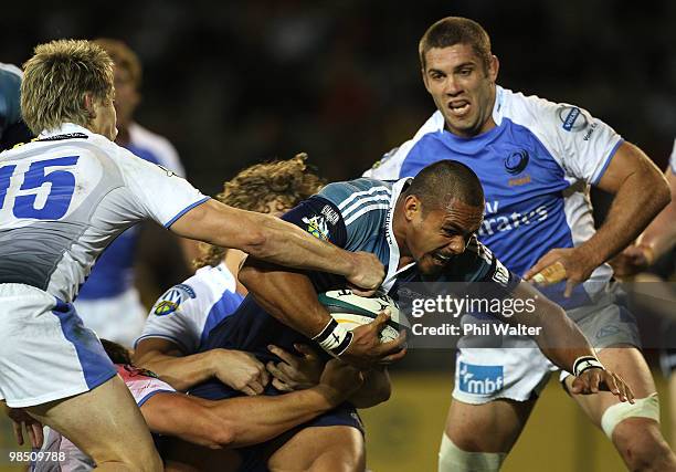 Rudi Wulf of the Blues surges forward to score a try during the round 10 Super 14 match between the Blues and the Western Force at Eden Park on April...