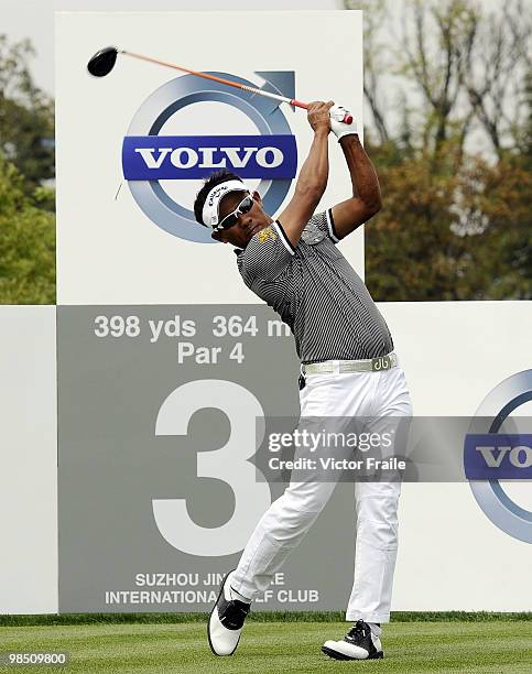 Thongchai Jaidee of Thailand tees off on the 3rd hole during the Round Three of the Volvo China Open on April 17, 2010 in Suzhou, China.