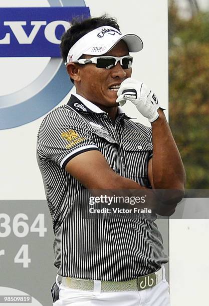 Thongchai Jaidee of Thailand reacts to his tee off on the 3rd hole during the Round Three of the Volvo China Open on April 17, 2010 in Suzhou, China.