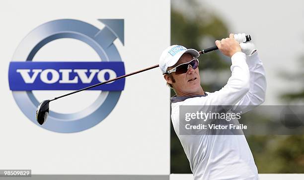 Mikko Ilonen of Finland tees off on the 3rd hole during the Round Three of the Volvo China Open on April 17, 2010 in Suzhou, China.