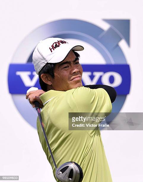 Liang Wen-chong of China tees off on the 7th hole during the Round Three of the Volvo China Open on April 17, 2010 in Suzhou, China.