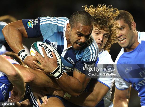 Rudi Wulf of the Blues surges forward to score a try during the round 10 Super 14 match between the Blues and the Western Force at Eden Park on April...