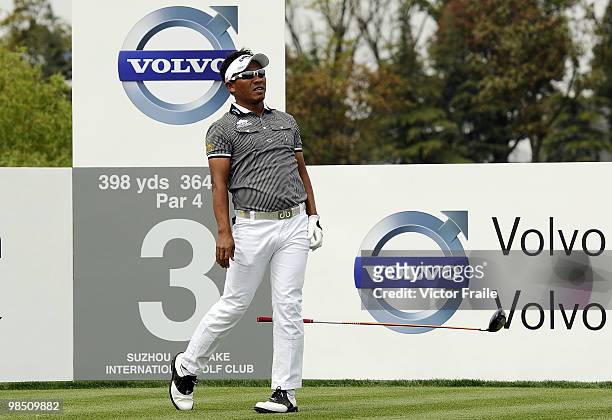 Thongchai Jaidee of Thailand tosses his club on the 3rd hole during the Round Three of the Volvo China Open on April 17, 2010 in Suzhou, China.