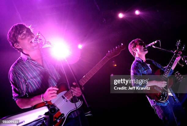 Musicians Ed Droste and Daniel Rossen of Grizzly Bear performs during day 1 of the Coachella Valley Music & Arts Festival 2010 held at The Empire...