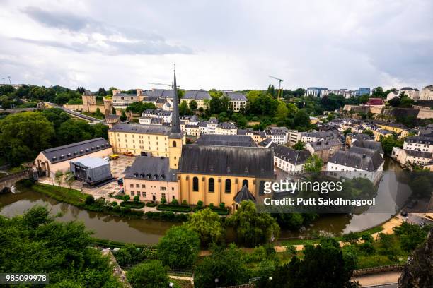high-angle view of luxembourg city and its old quaters (grund) - grund stock pictures, royalty-free photos & images