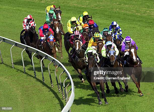 General view at the home turn of the Carbine Club Flying handicap at the Gold Coast Turf Club on the Gold Coast, Australia. The race was won by...