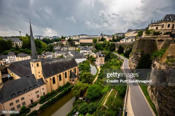 high-angle view of luxembourg city and its old quaters (grund) - grund stock pictures, royalty-free photos & images