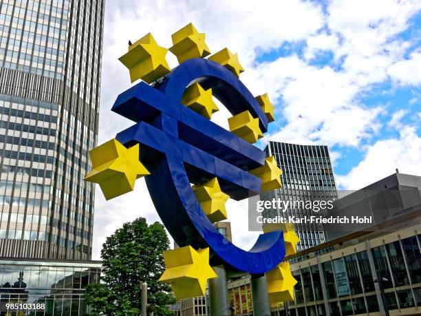 euro symbol in frankfurt - eurozone crisis stock pictures, royalty-free photos & images