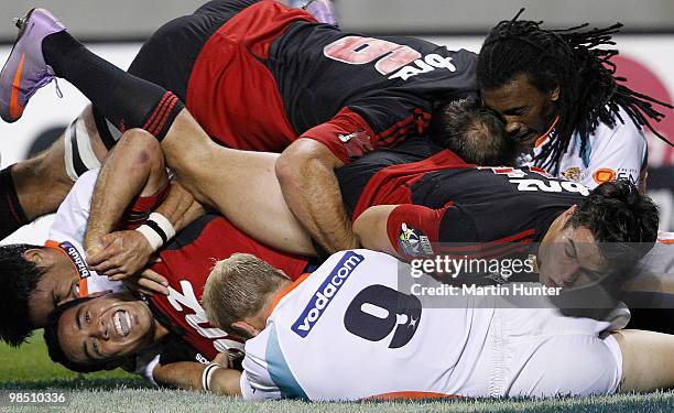 Kahn Fotuali'i of the Crusaders scores a try during the round 10 Super 14 match between the Crusaders and the Cheetahs at AMI Stadium on April 17,...