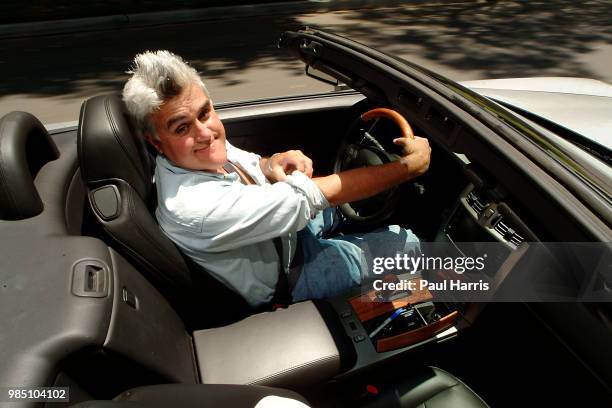 Jay Leno driving a 2004 Cadillac XLR which he road tested for an English newspaper. American Television personality Jay Leno who hosted the late...
