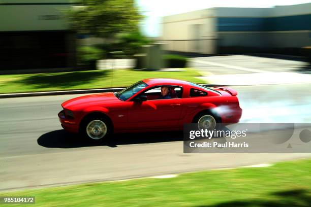 Jay Leno road tests a 2005 Shelby Mustang GT for a British newspaper. American Television personality Jay Leno who hosted the late night NBC "Tonight...