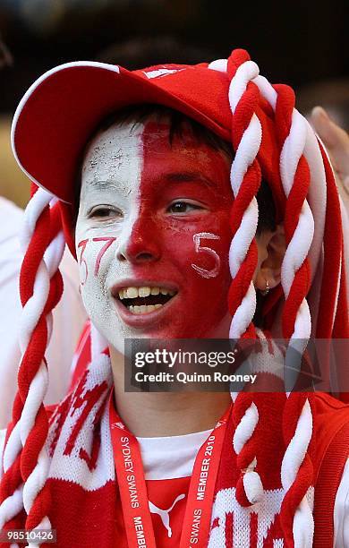 Swans fan shows his support during the round four AFL match between the North Melbourne Kangaroos and the Sydney Swans at Etihad Stadium on April 17,...