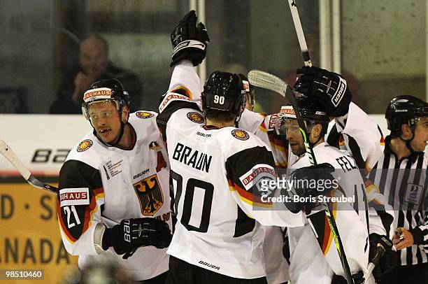 The team of Germany celebrates the second goal of Andre Rankel during the pre IIHF World Championship match between Germany and Norway at the...