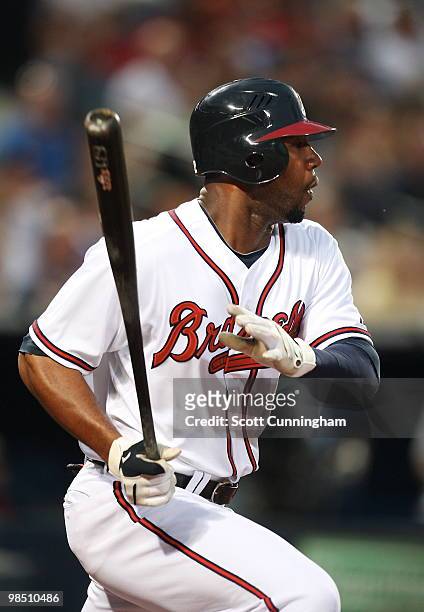 Jason Heyward of the Atlanta Braves hits against the Colorado Rockies at Turner Field on April 16, 2010 in Atlanta, Georgia. The Braves defeated the...