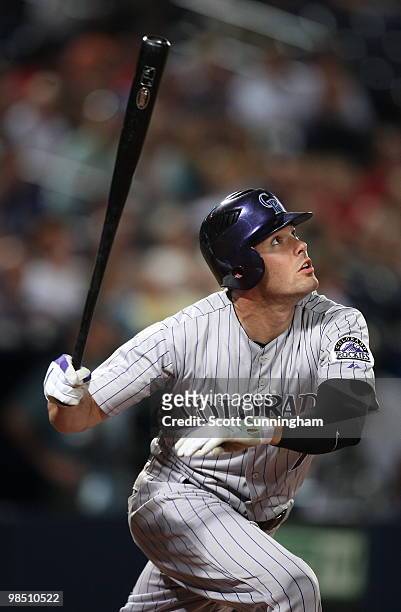 Seth Smith of the Colorado Rockies hits a 5th inning home run against the Atlanta Braves at Turner Field on April 16, 2010 in Atlanta, Georgia. The...