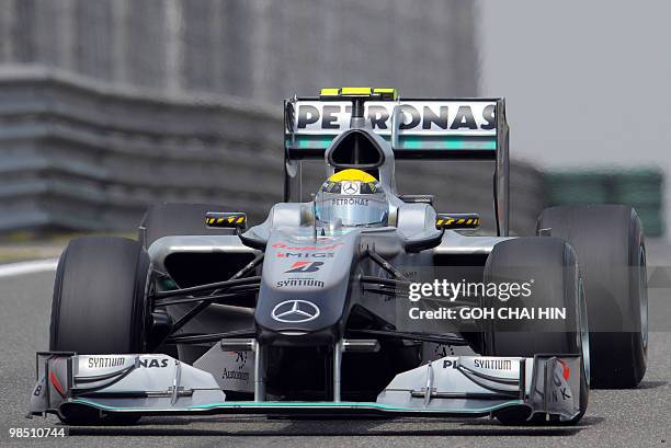 Mercedes GP driver Nico Rosberg of Germany drives during the final qualifying session for Formula One's Chinese Grand Prix in Shanghai on April 17,...