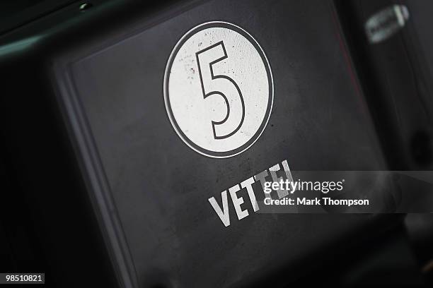 Detail view in garage of Sebastian Vettel of Germany and Red Bull Racing is seen during qualifying for the Chinese Formula One Grand Prix at the...